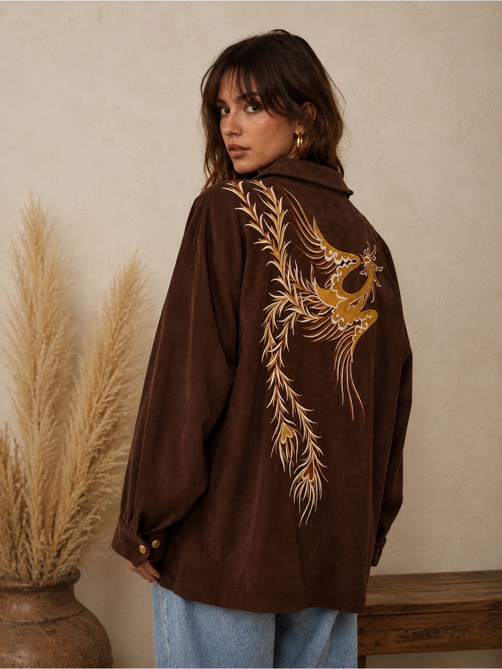 Bob Mackie Phoenix Embroidered Faux Suede Jacket Brown Boho Western Oversized